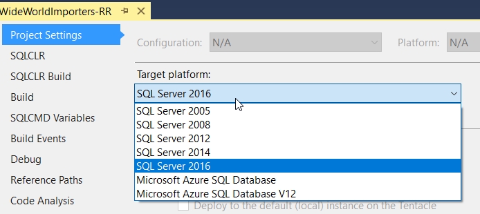 On the WideWorldImporters-RR tab, Project Settings is selected in the left pane. In the right pane, in the Target platform drop-down list, SQL Server 2016 is selected.